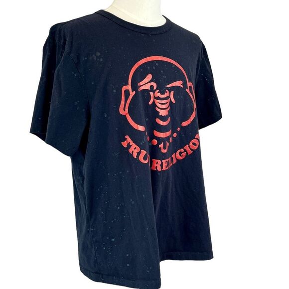 TRUE RELIGION Black Splatter Buddha Wink Graphic T Shirt Sz 3XL Y2K AOP Retro - Picture 3 of 10
